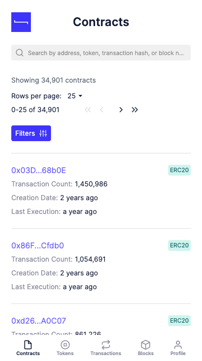 Most active ERC20 contracts view mobile